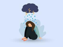 unzufrieden und traurig jung Mädchen im Depression Sitzung und umarmen Knie mit verwirrt und regnerisch Wolke auf Geist, Kummer, mental Gesundheit Konzept. Vektor Illustration.
