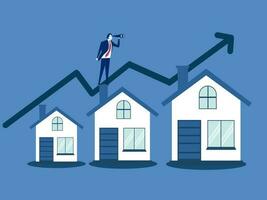 Gehäuse Preis steigend hoch, echt Nachlass Investition oder Eigentum Wachstum Konzept, Geschäftsmann halten Feld Glas auf steigend Haus Graph. Vektor Illustration.