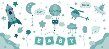 vektor uppsättning för liten nyfödd pojke med Plats fartyg, ballons och stjärnor i blå Färg isolerat på vit bakgrund