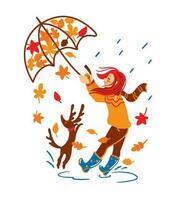 Wind reißt das Regenschirm aus von das Mädchen Hände. Herbst Jahreszeit. Kinder Illustration. vektor