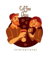 das Mädchen und das Junge trinken duftend Kaffee. Barista. International Kaffee Tag, Banner. Vektor Illustration. Logo