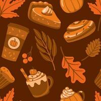Kaffee und Nachspeisen im braun Hintergrund, Herbst Stimmung. nahtlos Muster vektor