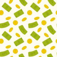 pengar regn platt tecknad serie sömlös mönster. grön papper anteckningar och guld mynt flygande i luft. pengar sedlar flygande vitt bakgrund, olika sedlar, annorlunda mynt. pengar flyta. vektor illustration.