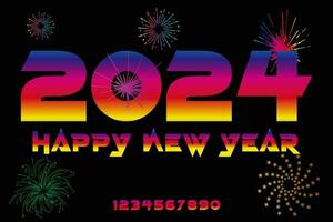 glücklich Neu 2024 Jahr elegant Gradient Text mit Feuerwerk und Licht Auswirkungen. glücklich Neu Jahr 2024. vektor