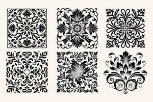 dekorativ svart och vit mosaik- bricka stencil, i de stil av utsmyckad barock, avrundad, blommig, enkel vektor