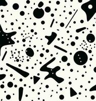 schwarz und Weiß Muster mit anders Formen, im das Stil von Memphis Design, konfettiartig Punkte, simpel Figuren, chaotisch Wissenschaft, zerknittert, dünn Stahl Formen, primitivistisch Stil vektor