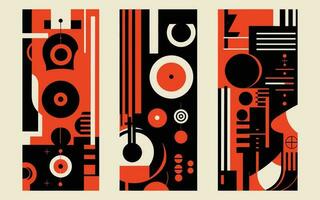 klein Gruppe von abstrakt geometrisch Kunstwerke im hell Orange und Schwarz, im das Stil von Jahrgang Poster Design, Fett gedruckt primär Farben, Fett gedruckt Charakter Entwürfe, animiert Formen, lebhaft Abbildungen vektor