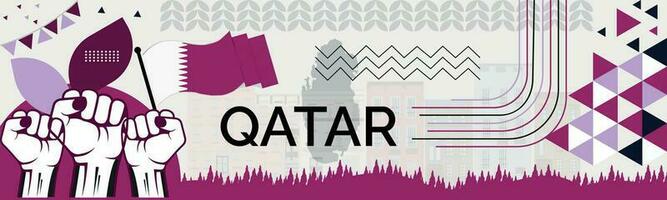 qatar Karta och Uppfostrad nävar. nationell dag eller oberoende dag design för qatar firande. modern retro design med abstrakt ikoner. vektor illustration.
