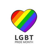 HBTQ stolthet månad text med hjärta i färger av regnbåge flagga. tecknad serie vektor