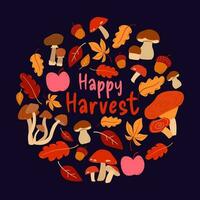 glücklich Ernte runden. Herbst Illustration mit Pilze, Äpfel, Eicheln und Blätter auf dunkel Hintergrund vektor