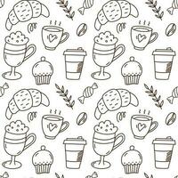 nahtlos Muster von Kaffee. eben Linie Symbole - - Kuchen, Croisant, Bohnen, Tasse. wiederholt Textur zum Cafe Speisekarte, Geschäft Verpackung Papier. vektor