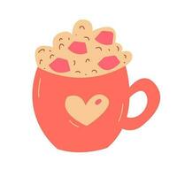 varm choklad kopp med marshmallows, rosa kopp med hjärta vektor