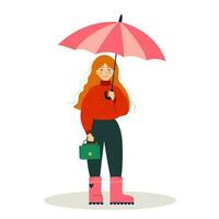 flicka med rosa paraply. begrepp design. skön höst natur med platt ung kvinna vektor