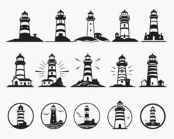 Leuchtturm Silhouette Symbole einstellen Logo schwarz Leuchtfeuer Licht Ozean Meer Licht Haus nautisch Marine Silhouetten Vektor Illustration