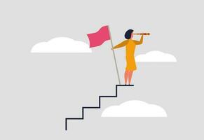 framgångsrik ledare kvinna självsäkert utseende in i de framtida genom kikare. kvinna står på trappa och innehar flagga som en ledare. utmaning och prestation av en kvinna i en företag. vektor illustration