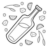 kalt trinken Flasche umgeben durch Eis Würfel und Zitrusfrüchte Stücke. Gekritzel schwarz und Weiß Vektor Illustration.