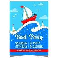 Boot Party Poster zum Sommer- Ferien oder Urlaub mit rot Vergnügen Yacht Segeln auf das Meer Wellen. Vektor Illustration geeignet zum Boot Party Einladung, Marine Kreuzfahrt oder Reise Promo Banner.