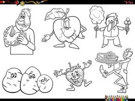 Karikatur Essen Objekte und Menschen Zeichen einstellen Färbung Seite vektor