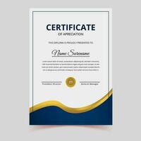 Blau und Gold Zertifikat von Leistung Vorlage einstellen mit Gold Abzeichen und Grenze, vergeben Diplom Design leer, Vektor Illustration, Vektor, Design, Flyer