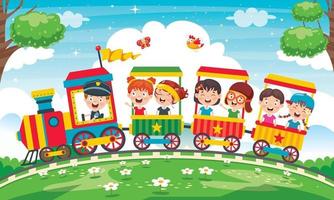 roliga barn som kör på tåget vektor