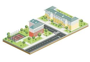 isometrisk bostads- distrikt. två fem våning byggnader. hotell med tennis domstol. infographic element. vektor