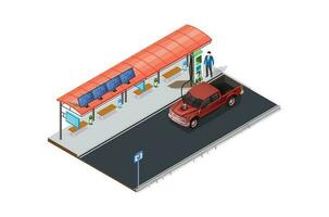 isometrisch Öko Transport, elektrisch Fahrzeug Laden Bahnhof mit Solar- Tafeln, geeignet zum Diagramme, Spiel Anlage, und andere Anlagegut vektor