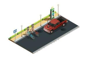 elektrisk bil och elektrisk cykel laddning i tömma parkering område med snabb kompressor station. platt vektor illustration isolerat på en vit bakgrund