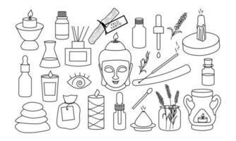 vektor ljus och aromaterapi verktyg och linje uppsättning. lavendel, salt, olja, palo santo, stenar, diffusorn och ljus buddha