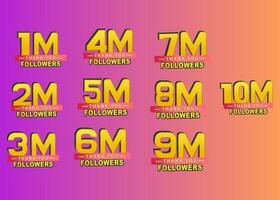 tacka du 1m till 10m följare baner, vektor illustration för social nätverk, uppsättning baner, lutning bakgrund, tack följare congratulation kort