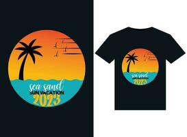 hav sand Sol semester 2023 illustrationer för tryckfärdig t-tröjor design vektor