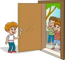 flicka välkomnande gäster på de dörr vektor illustration