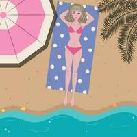 skön flicka i en baddräkt solbad på de strand nära de hav vektor