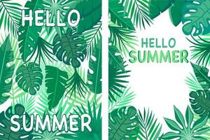 Hallo Sommer- Banner Satz. Plakate mit tropisch Laub. vektor