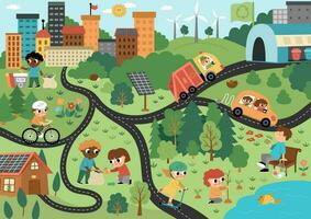 vektor eco stad scen. ekologisk stad landskap med alternativ transport, energi begrepp. grön stad illustration med avfall återvinning växt, barn omtänksam av miljö. jord dag bild