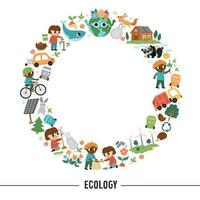 Vektor ökologisch runden Rahmen mit süß Kinder Pflege von Natur. Erde Tag Karte Vorlage zum Banner, Einladungen. süß Umgebung freundlich Kranz Illustration mit Planet