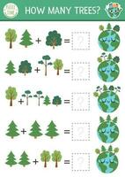 Wie viele Bäume Spiel mit süß Planet. ökologisch Mathematik Zusatz Aktivität zum Vorschule Kinder. einfach Öko Erde Tag druckbar Zählen Arbeitsblatt zum Kinder mit Pflanzen und Erde vektor