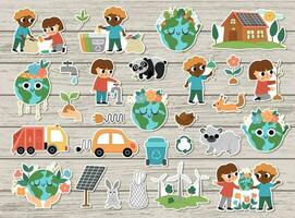 vektor ekologisk klistermärken uppsättning för ungar. jord dag plåster samling med söt barn, planet, avfall återvinning begrepp. miljö vänlig märken packa