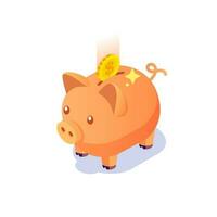 isometrisch Schweinchen Bank mit Münzen auf isoliert Weiß Hintergrund, Investition, Speichern Geld Konzept mit Schweinchen Bank, Schweinchen Bank Symbol vektor