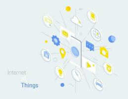 internet av saker och internet anslutningar infographic modern linjär stil, mobil kontrollera ansluten med objekt och tjänster. vektor illustration.