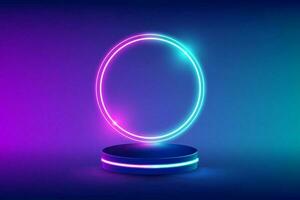 tömma neon skede för produkt ersättning med trogen cirklar blå och rosa neon ljus bakgrund. vektor illustration