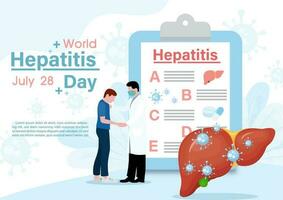 läkare och patient i tecknad serie karaktär med jätte information av hepatit klämma styrelse och exempel texter på abstrakt mönster och blå bakgrund. värld hepatit dagen affisch kampanj i platt stil vektor