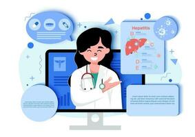 Arzt im Karikatur Charakter erklären Über Hepatitis auf das Computer Bildschirm mit Beispiel Texte auf Weiß Hintergrund. Welt Hepatitis Tage Poster Kampagne im Papierschnitt Stil und Vektor Design.