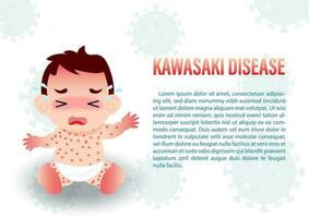 en pojke i tecknad serie karaktär gråt och sjuk av kawasaki sjukdom med de namn och exempel texter på virus symboler och vit bakgrund. medicinska affisch av de kawasaki sjukdom i vektor design.