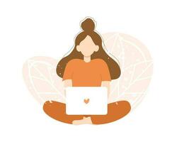 Mädchen mit Laptop Sitzung im das Lotus Pose. Vektor Illustration im eben Karikatur Stil. Konzept von freiberuflich, Arbeit von Zuhause und online Bildung