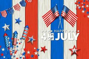 4:e av juli bakgrund design med amerikan flagga och raket med trä- bakgrund vektor