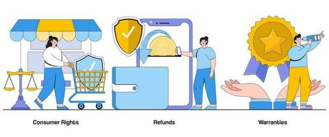konsument rättigheter, återbetalningar, och garantier begrepp med karaktär. kund skydd abstrakt vektor illustration uppsättning. tillfredsställelse, försäkran, och rättvis behandling liknelse