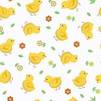 Vektor Muster von Karikatur Hühner, nahtlos Gelb Hühner und Blumen. Ostern Dekor, Kinder- Textilien, Verpackung, Hintergrund. Vektor Illustration auf isoliert Hintergrund.