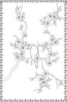 skön fågel Sammanträde på en blomma träd svart och vit illustration för din färg bok vektor