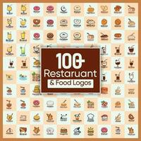 100 plus restauran mat illustration logotyp samling mall design. företag byrå produkt och märken samling för mat marknadsföra. livsmedel matlagning element med hög kvalitet mat och dryck. vektor