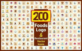 200 plus restaurang livsmedel illustration logotyp samlingar, premie mat affär Produkter, och märken ikon samling för mat marknadsföra. livsmedel matlagning element med hög kvalitet mat och dryck vektor